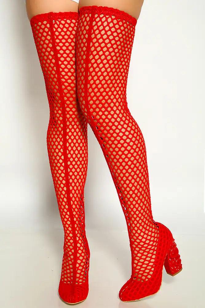 Red Round Toe Netted Thigh High Snake Detail Chunky Heel Boots - AMIClubwear