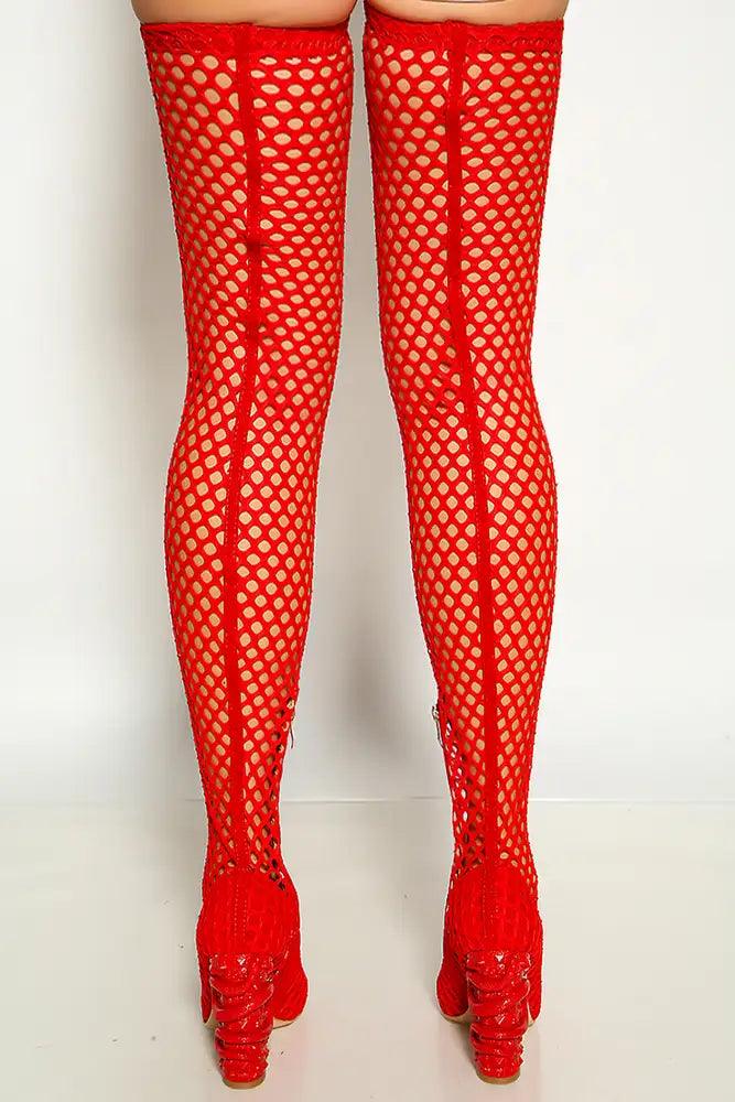 Red Round Toe Netted Thigh High Snake Detail Chunky Heel Boots - AMIClubwear