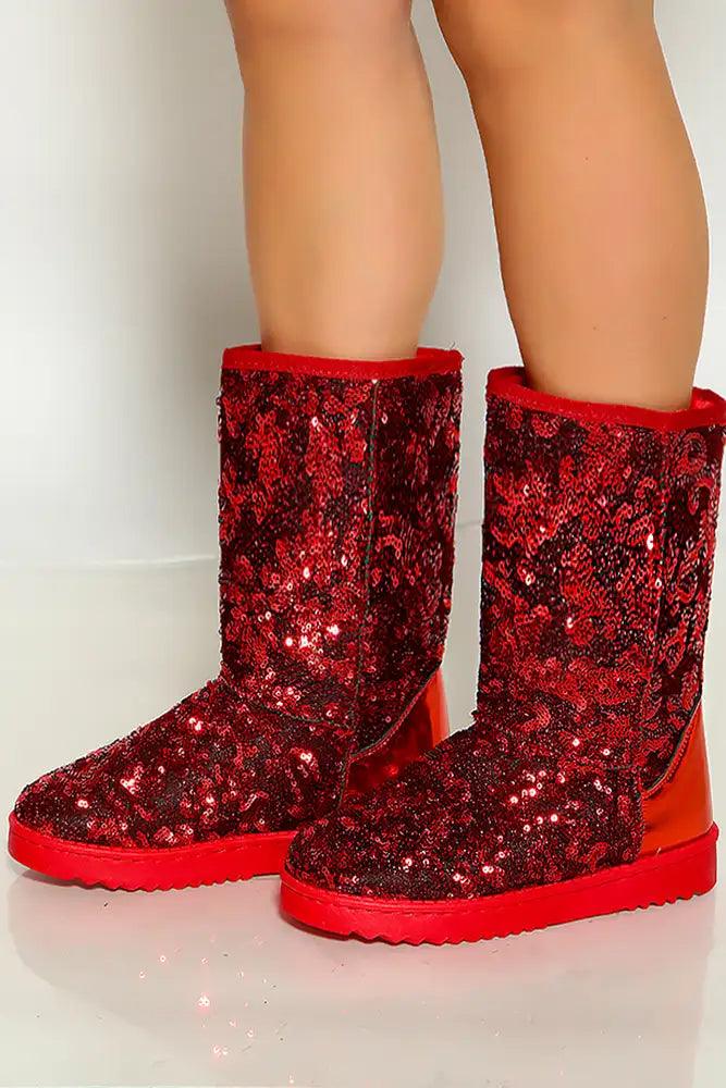 Red Round Toe Sequins Warm Cozy Flat Boot - AMIClubwear