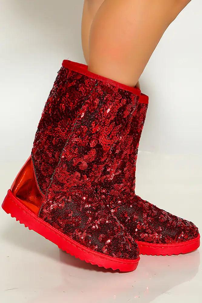 Red Round Toe Sequins Warm Cozy Flat Boot - AMIClubwear