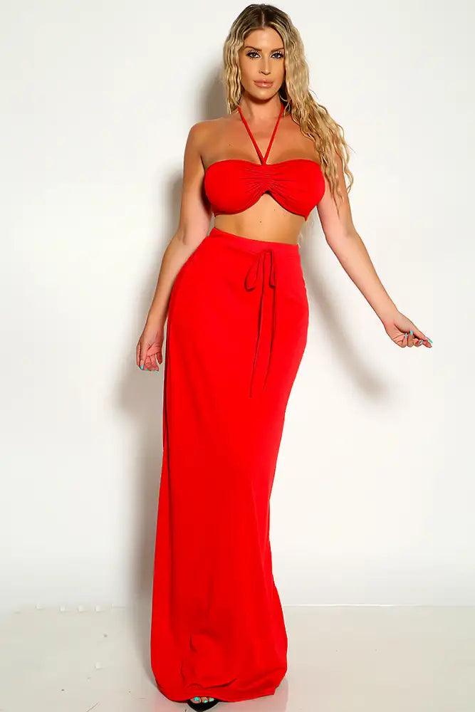 Red Ruched Halter Cropped Top Maxi Two Piece Dress - AMIClubwear