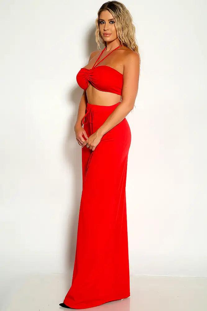 Red Ruched Halter Cropped Top Maxi Two Piece Dress - AMIClubwear