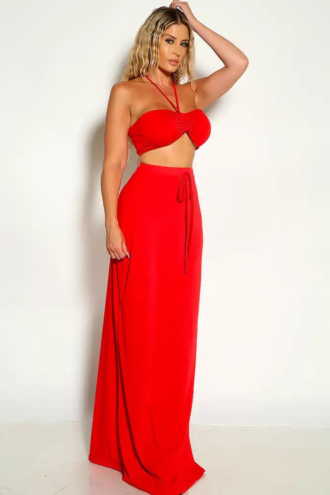 Red Ruched Halter Cropped Top Maxi Two Piece Dress - AMIClubwear