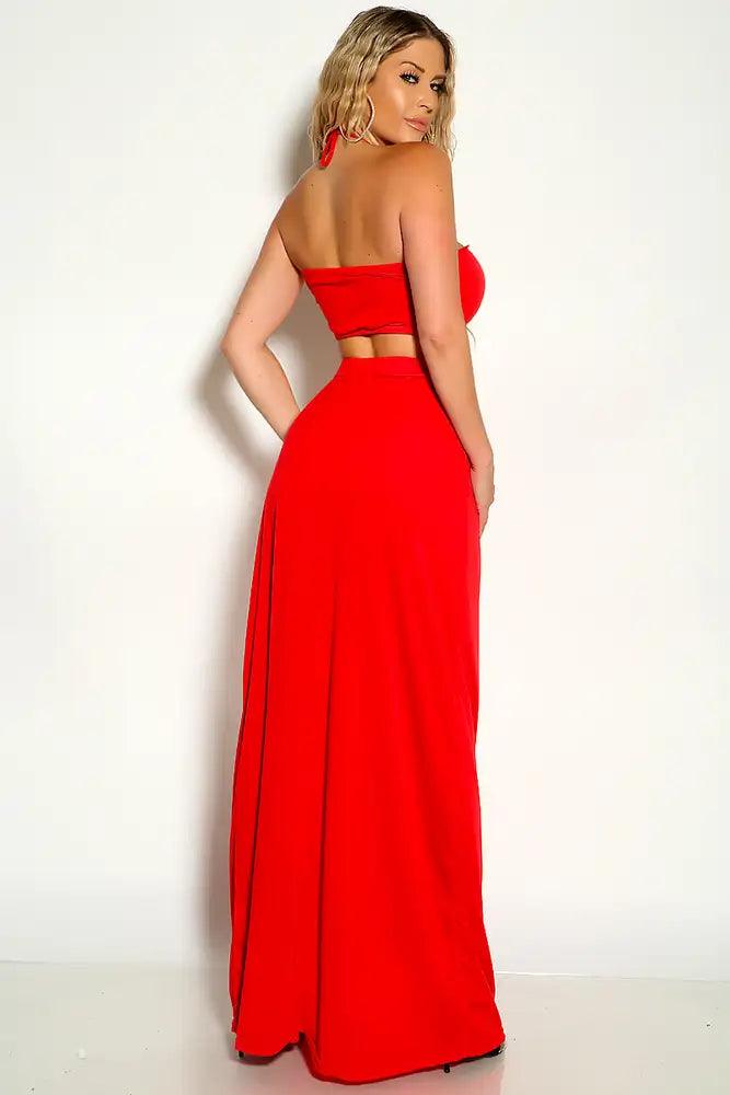 Red Ruched Halter Cropped Top Maxi Two Piece Dress - AMIClubwear