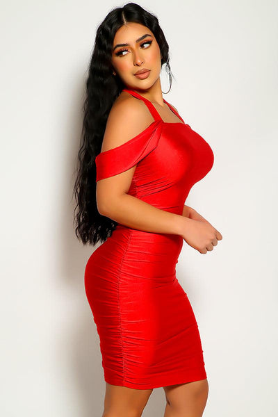 Red Ruched Knee Length Party Dress - AMIClubwear