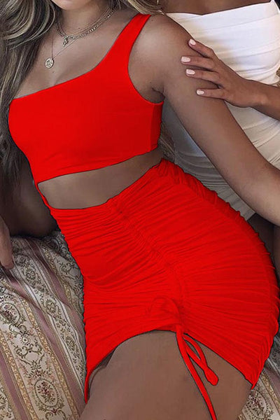 Red Ruched One Shoulder Cut Out Sexy Party Dress - AMIClubwear
