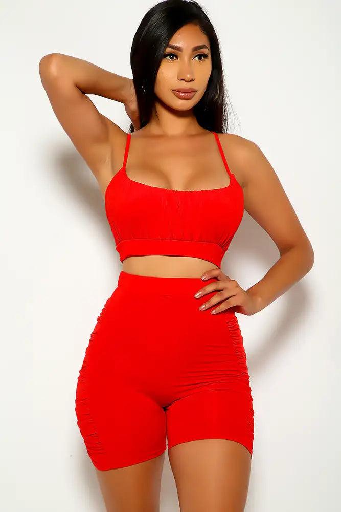 Red Ruched Sleeveless Two Piece Outfit - AMIClubwear