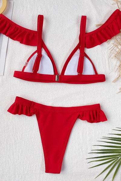 Red Ruffle Cold Shoulder V-Neck 2 Pc Swimsuit - AMIClubwear