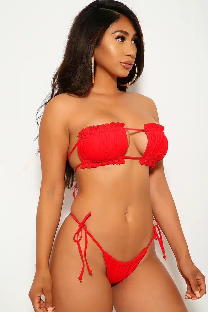 Red Ruffled Bandeau Two Piece Swimsuit - AMIClubwear