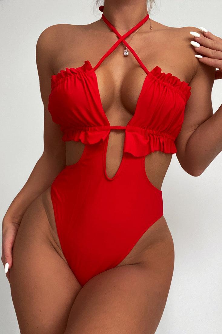 Red Ruffled Halter Cut Out Sexy One Piece Swimsuit - AMIClubwear