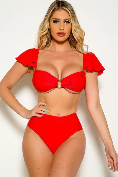 Red Ruffled Sleeve O-Ring High Waist Two Piece Swimsuit - AMIClubwear