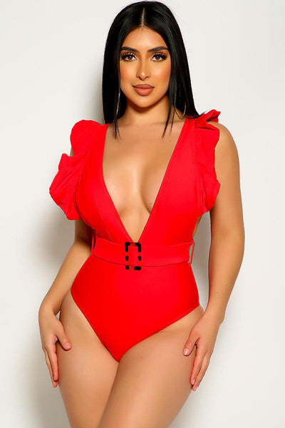Red Ruffled Sleeves Belted One Piece Swimsuit - AMIClubwear