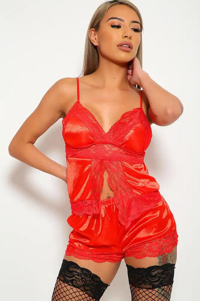 Red Satin Camisole Shorts Intimate Set Lingerie - AMIClubwear