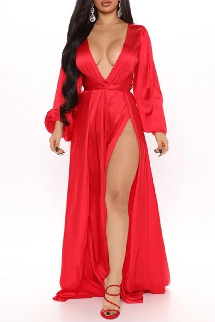 Red Satin Long Sleeves Plunging Neckline High Slits Sexy Maxi Party Dress - AMIClubwear