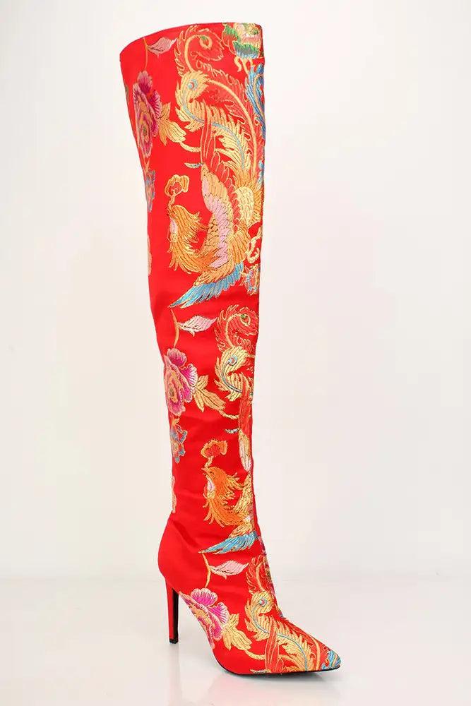 Red Satin Pointy Toe Thigh High Boots - AMIClubwear