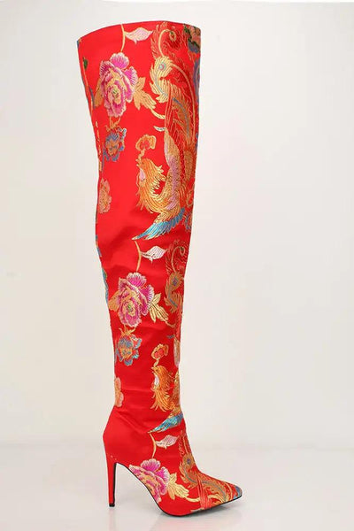 Red Satin Pointy Toe Thigh High Boots - AMIClubwear