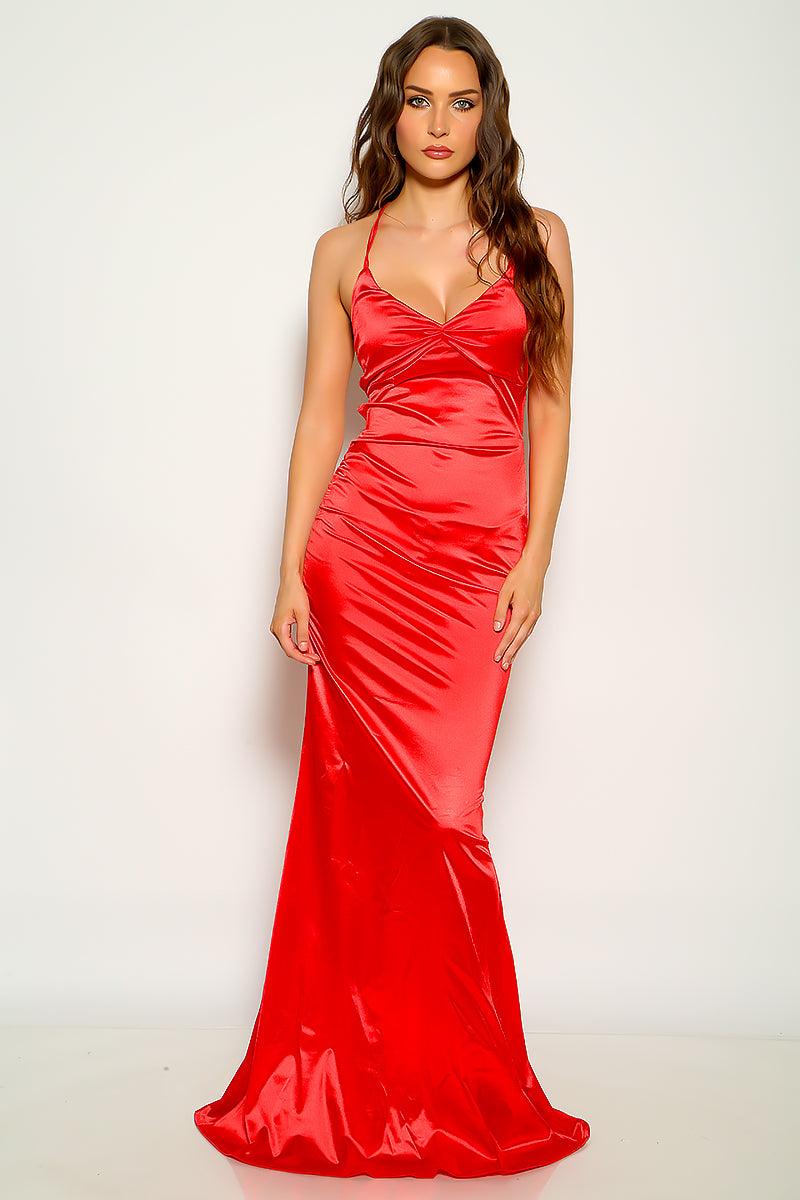 Red Satin Sleeveless Lace Up Maxi Party Dress - AMIClubwear