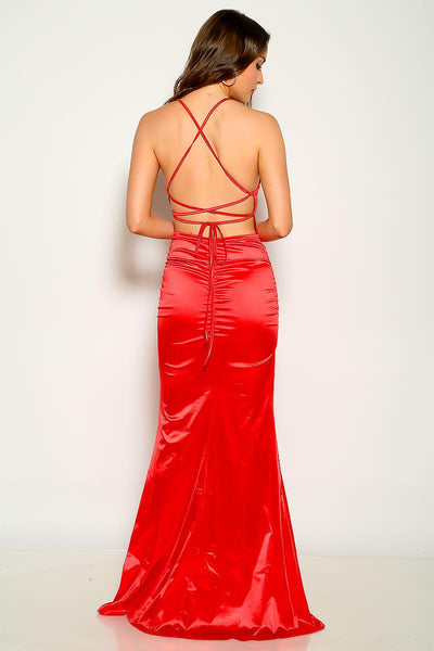 Red Satin Sleeveless Lace Up Maxi Party Dress - AMIClubwear