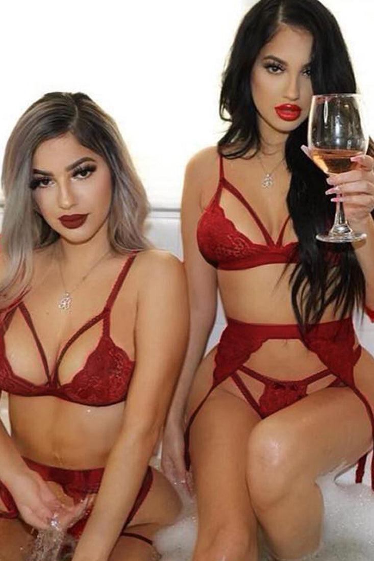Red Scalloped Cut Out Sexy 3 Pc Lingerie Set - AMIClubwear
