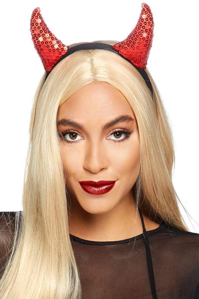 Red Sequin Devil Horns Costume Accessory Headband - AMIClubwear