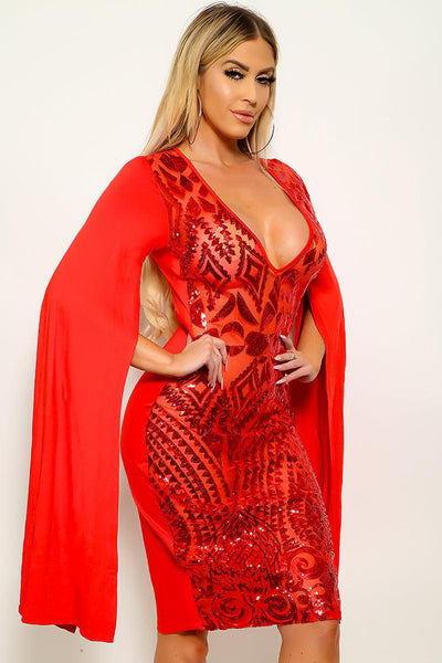 Red Sequin Mesh V-Neck Cape Sleeve Sexy Party Dress - AMIClubwear