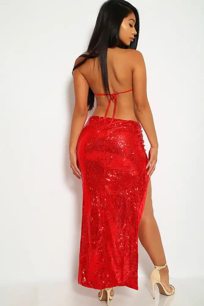 Red Sequin V Neck Long Full Length Cut Out High Slit Holiday Dress - AMIClubwear