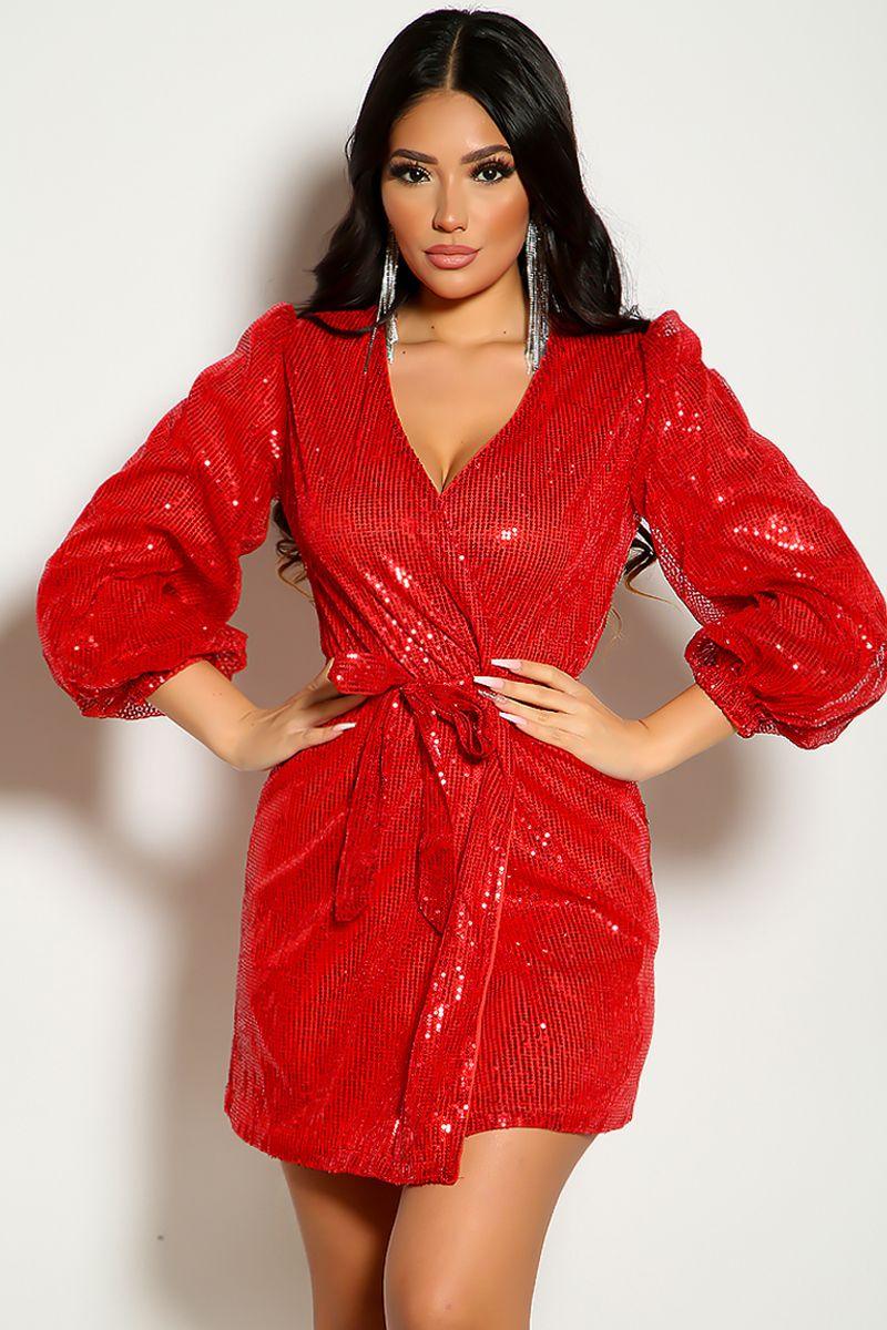 Red Sequin Wrap Around Belted Sexy Party Dress - AMIClubwear