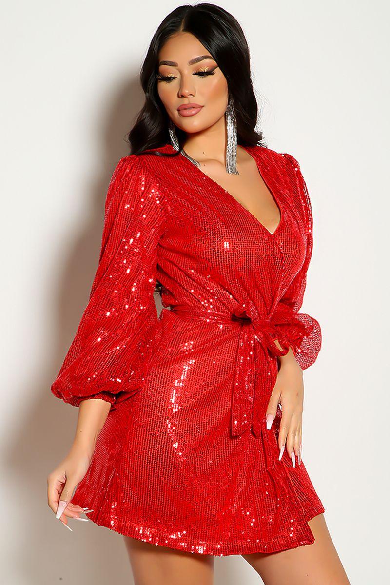 Red Sequin Wrap Around Belted Sexy Party Dress - AMIClubwear