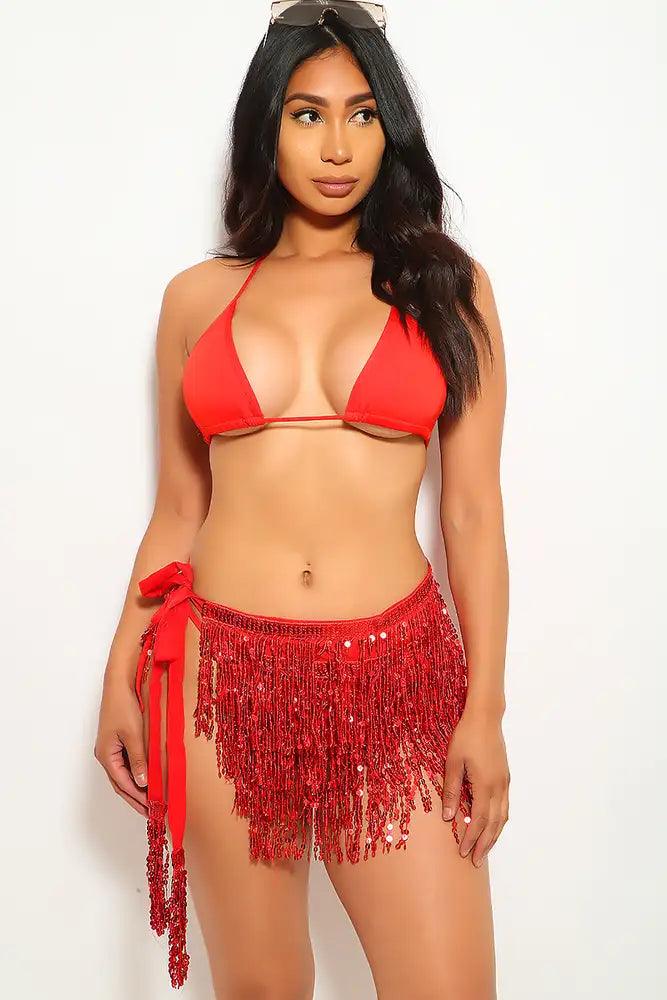 Red Sequins Fringe Three Piece Swimsuit - AMIClubwear