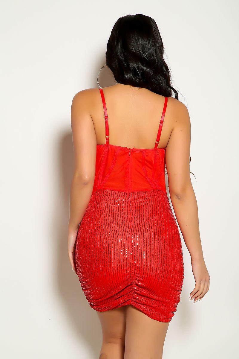 Red Sequins Mesh Corset Piping Party Dress - AMIClubwear