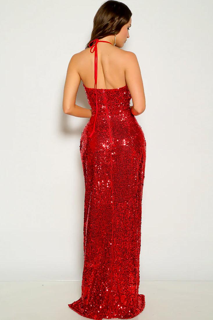Red Sequins Sleeveless Halter Maxi Sexy Party Dress - AMIClubwear