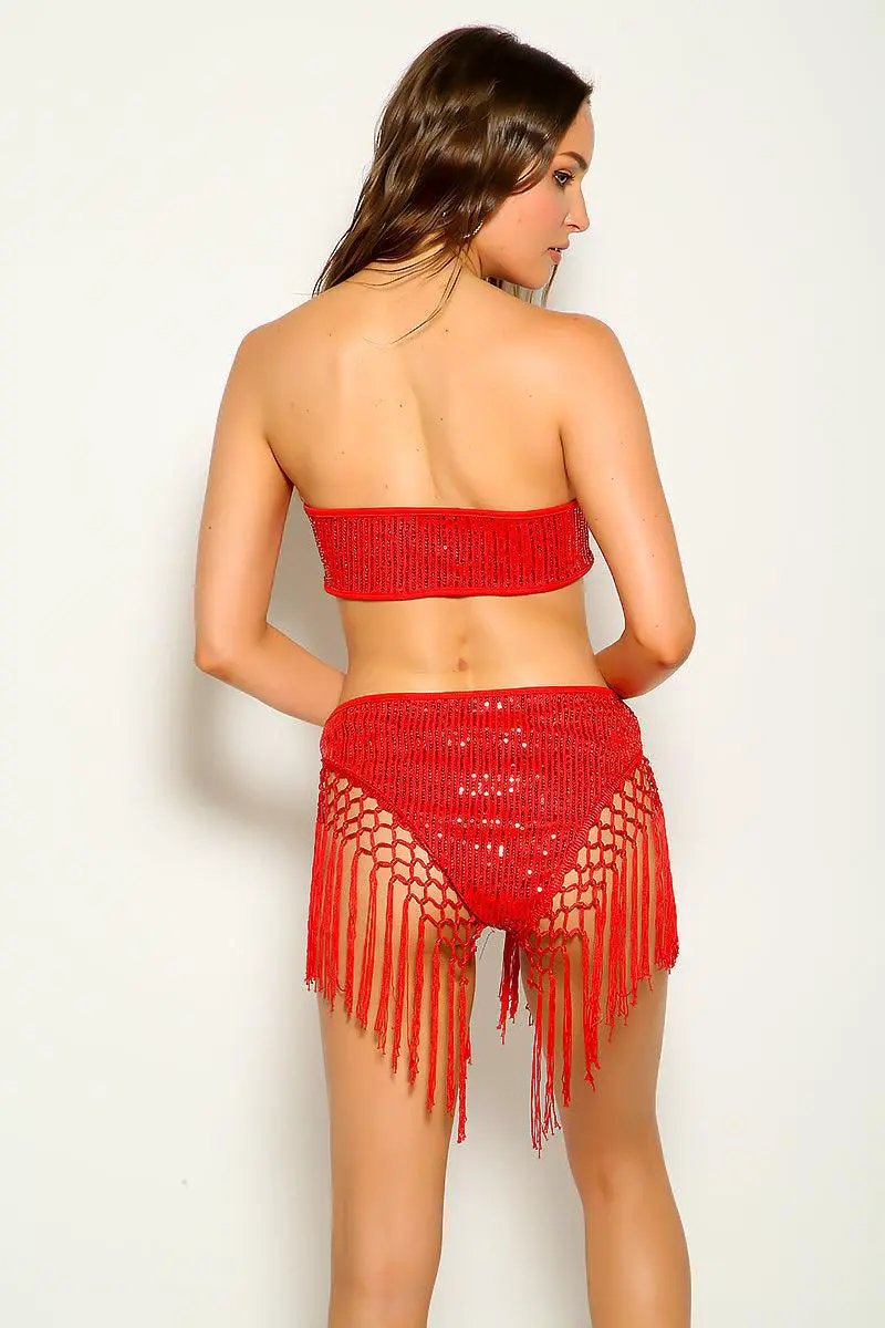 Red Sequins Strapless Sleeveless Fringe Party Dress