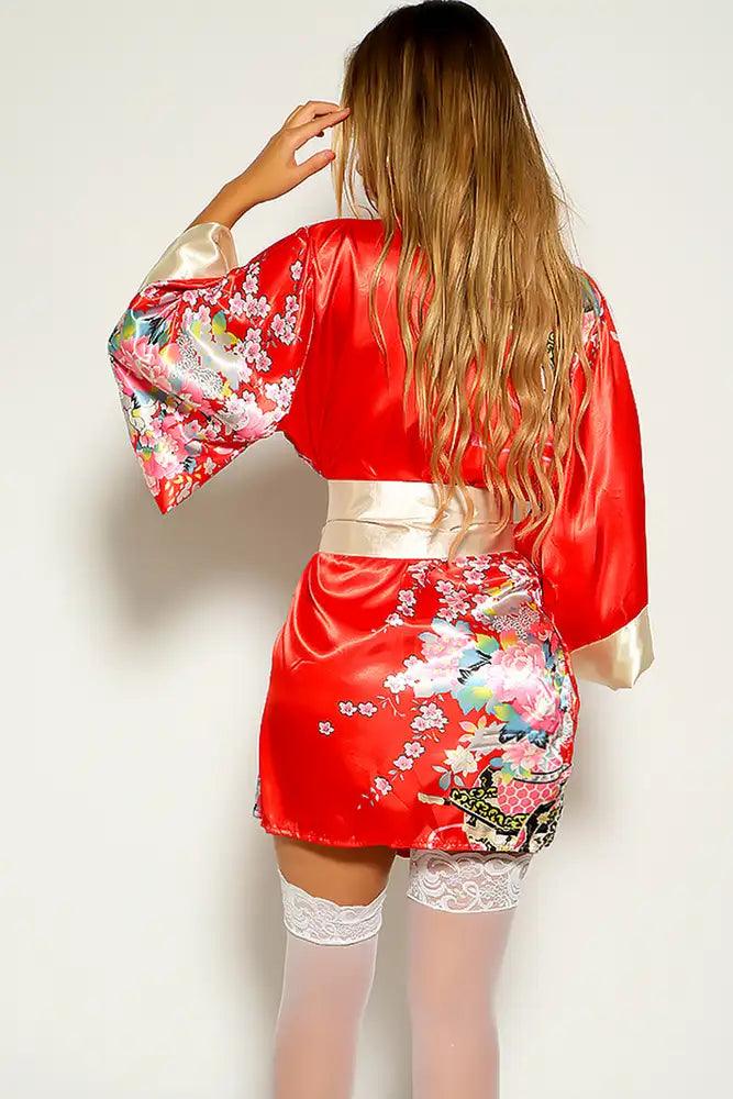 Red Sexy Floral Print Traditional Japanese Kimono 3pc Sexy Costume - AMIClubwear