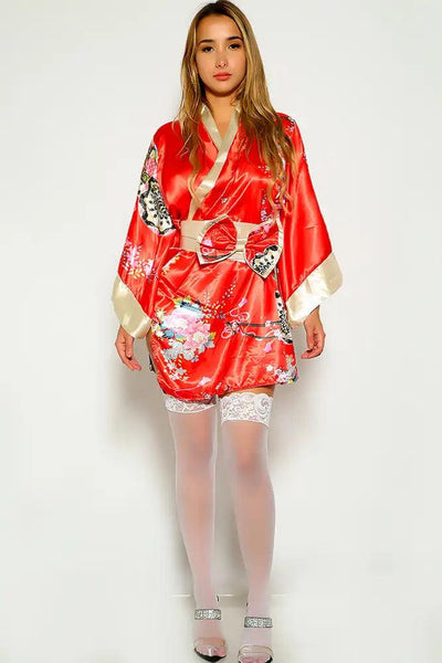 Red Sexy Floral Print Traditional Japanese Kimono 3pc Sexy Costume - AMIClubwear