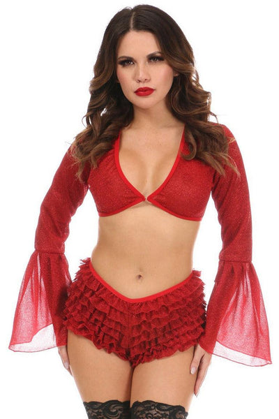 Red Sheer Glitter V-Neck Crop Top - AMIClubwear