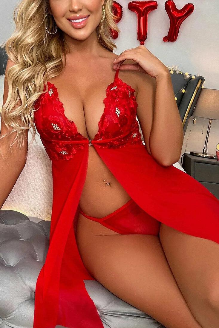 Red Sheer Mesh Open Front Dress Sexy Lingerie 2 Pc Set – AMIClubwear