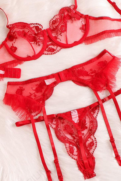 Red Sheer Mesh Underwire Garter Lingerie 3 Pc Set - AMIClubwear