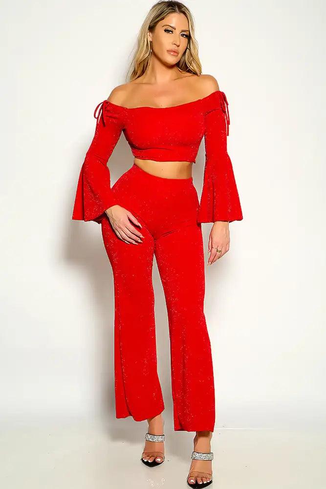 Red Shimmer Long Bell Sleeve Flared Two Piece Outfit - AMIClubwear