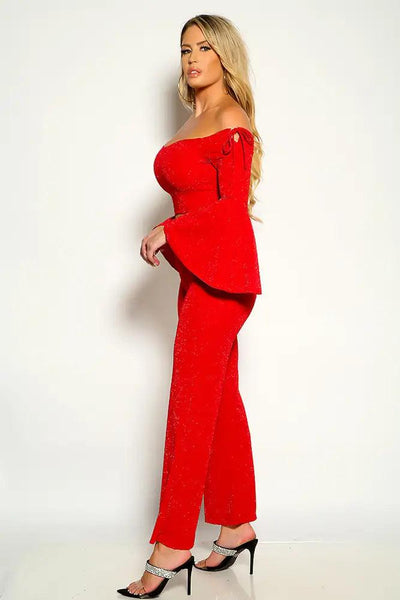 Red Shimmer Long Bell Sleeve Flared Two Piece Outfit - AMIClubwear