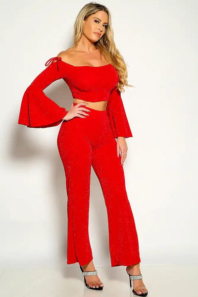 Red Shimmer Long Bell Sleeve Flared Two Piece Outfit - AMIClubwear