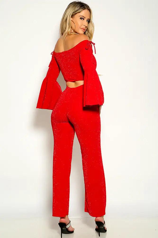 Red Shimmer Long Bell Sleeve Flared Two Piece Outfit - AMIClubwear