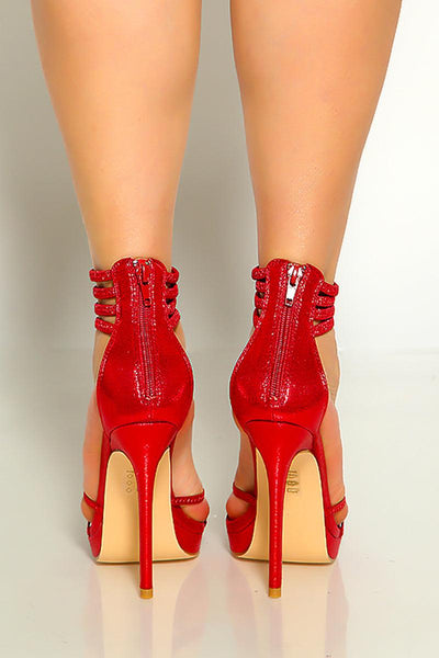 Red Shimmery Open Toe Criss Criss High Heels - AMIClubwear