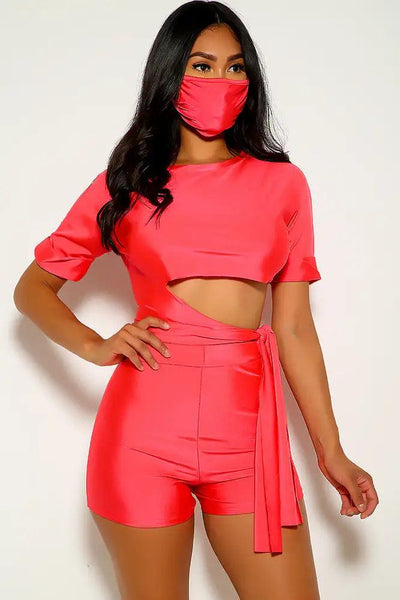 Red Short Sleeve Casual Three Piece Outfit - AMIClubwear