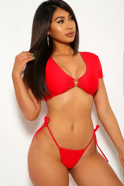 Red Short Sleeve High Waist Cheeky Two Piece Swimsuit - AMIClubwear