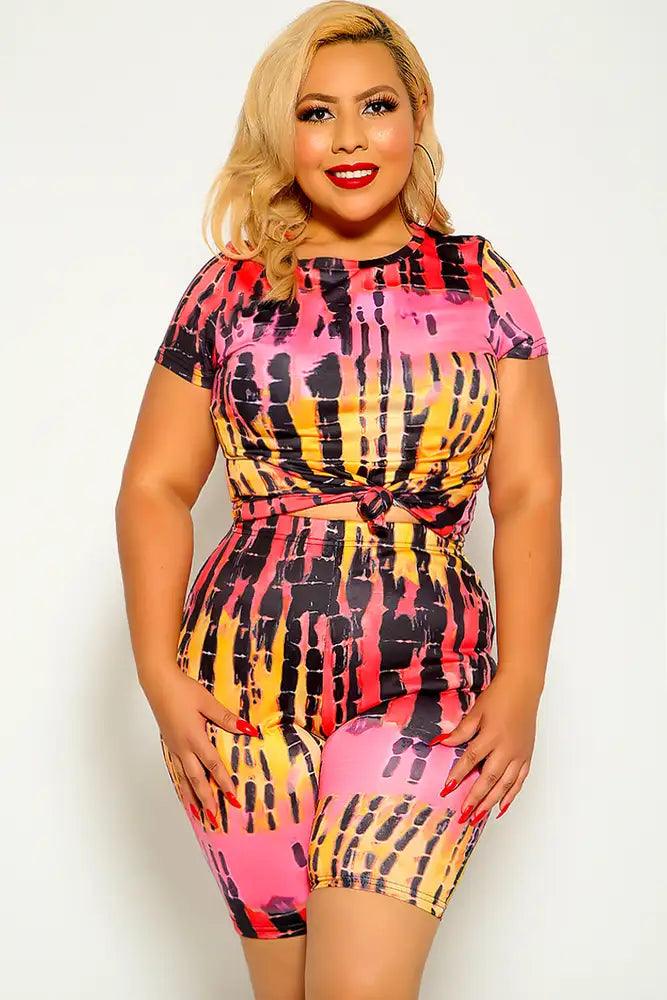 Red Short Sleeve Plus Size Two Piece Outfit - AMIClubwear