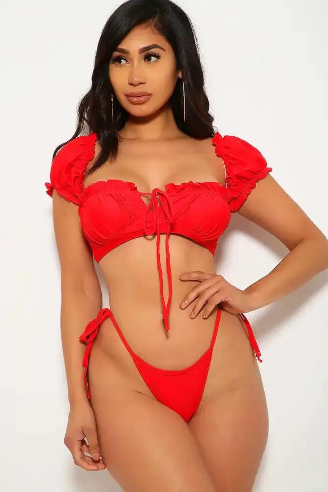 Red Short Sleeve Ruffled Two Piece Swimsuit