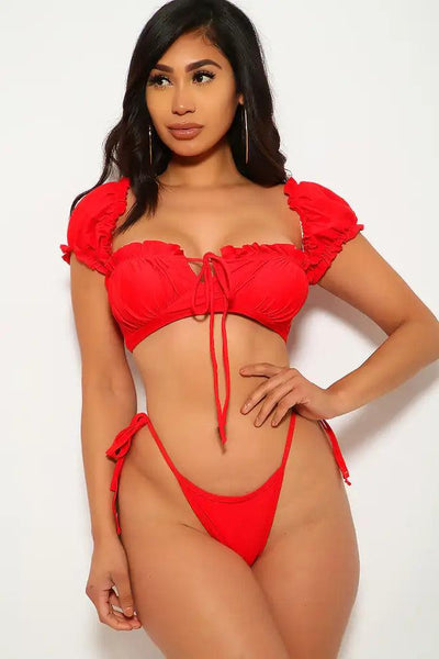 Red Short Sleeve Ruffled Two Piece Swimsuit - AMIClubwear