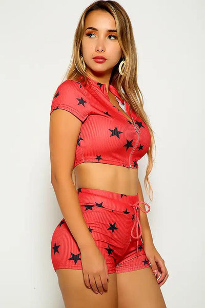 Red Short Sleeve Star Print Two Piece Outfit - AMIClubwear