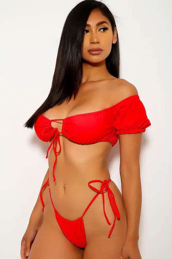 Red Short Sleeve Two Piece Swimsuit - AMIClubwear