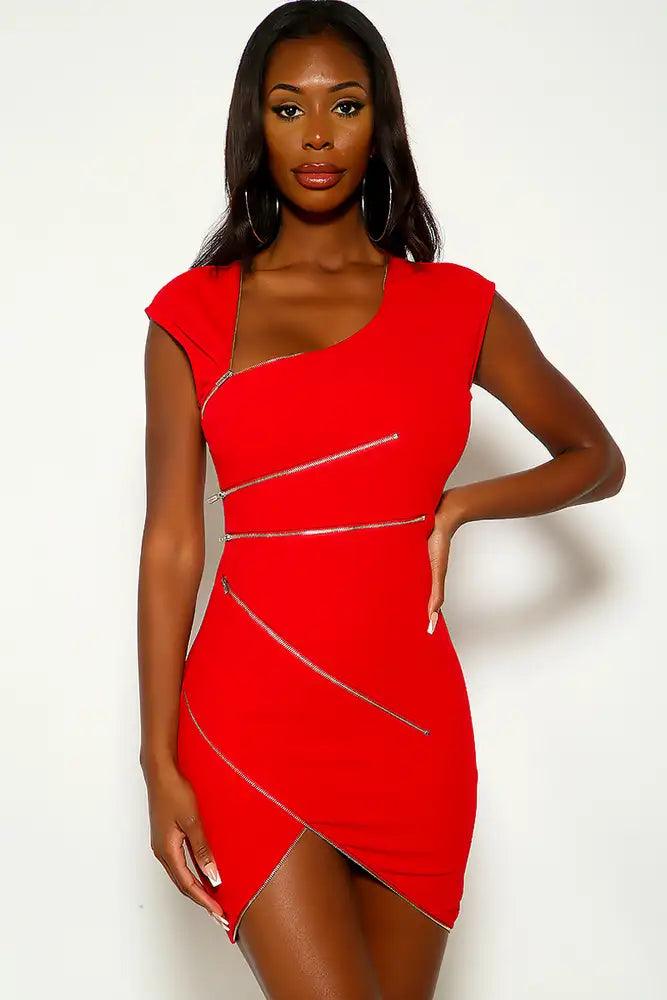 Red Short Sleeve Zipper Accent Party Dress - AMIClubwear